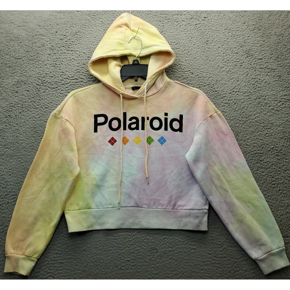 Polaroid Cropped Hoodie Womens XS Multi Tie Dye Fleece Lined Ribbed Cuff & Hem